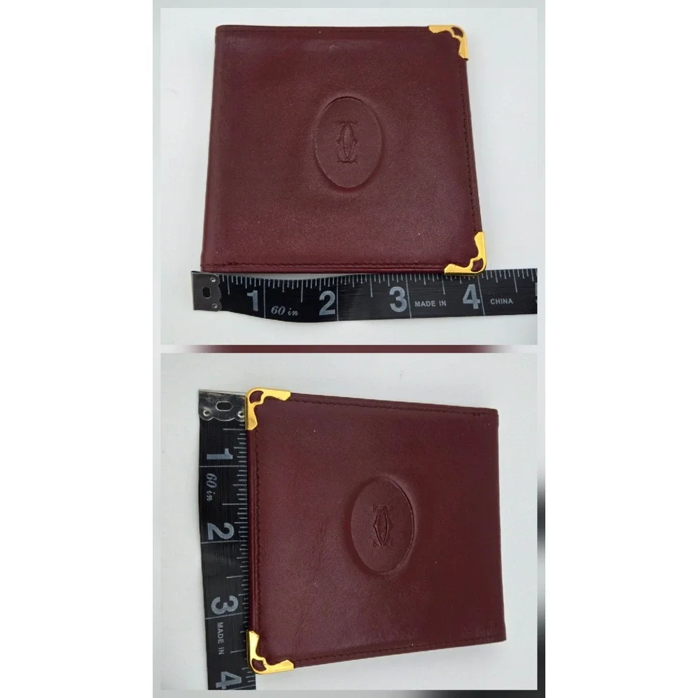 Cartier Must de Cartier Bifold Wallet Burgundy Leather Gold Corners Logo ID Slot